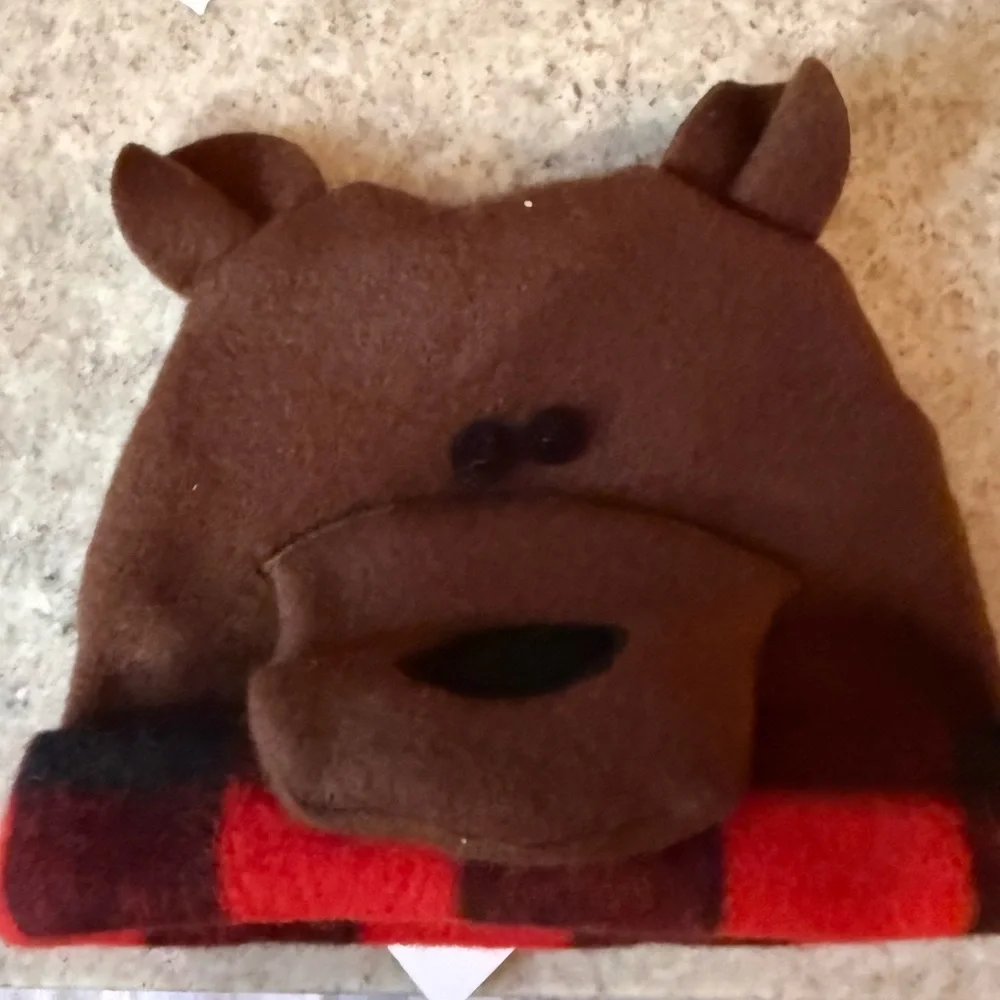 baby/toddler Brown Bear Fleece Hat with Red Plaid Trim - Picture 1 of 1